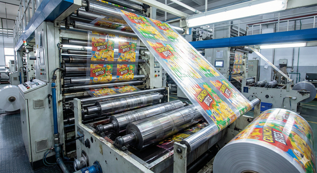 과자 봉지나 라면 봉지 등 비닐 필름 소재를 초고속으로 대량 인쇄하는 그라비아(Gravure) 윤전 인쇄 공정