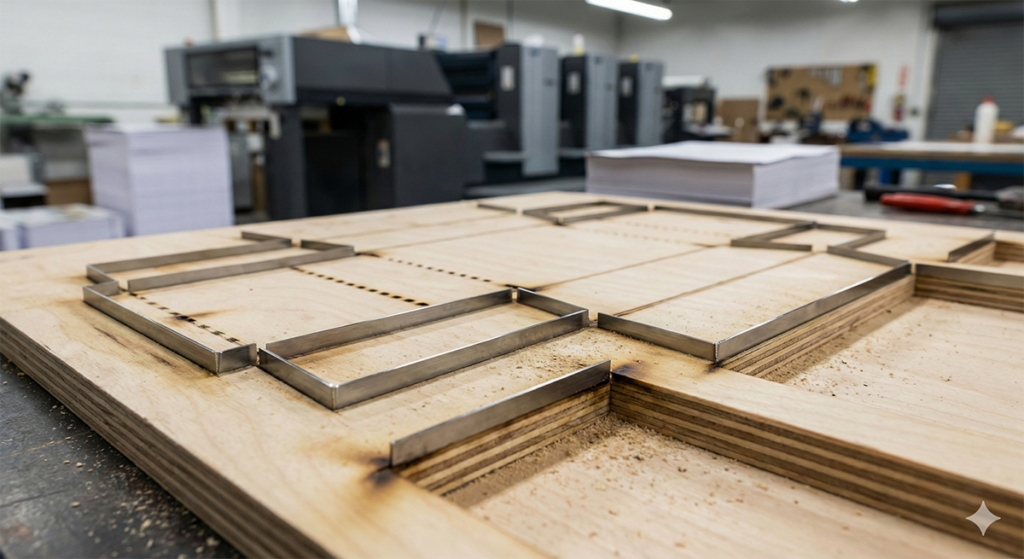 톰슨(도무송) 후가공 작업을 위해 합판에 날카로운 칼선을 심어 만든 패키지 박스 재단용 목형(칼판)