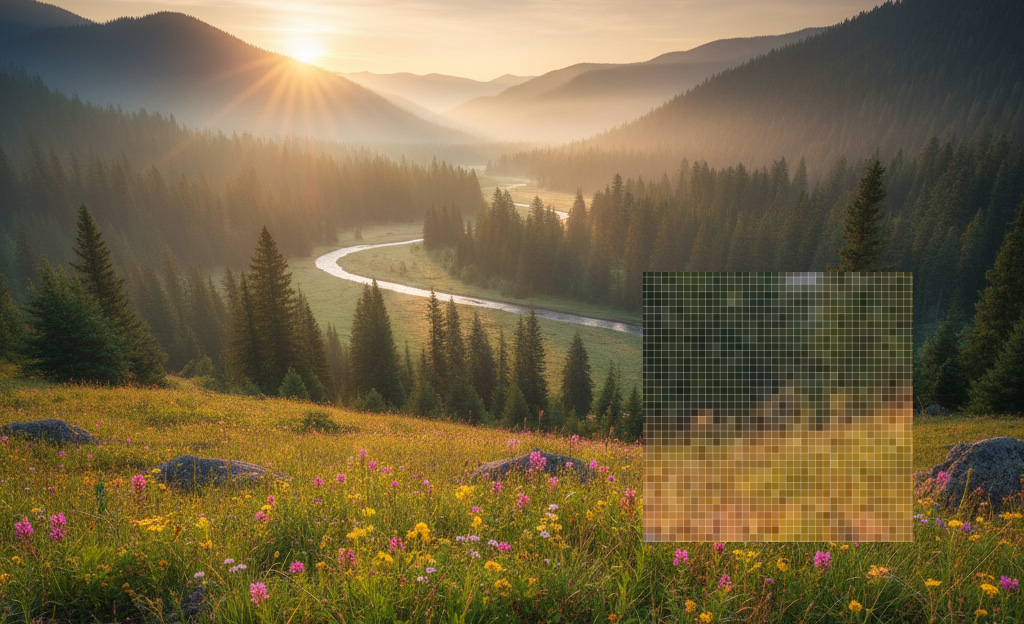 풍경 사진을 픽셀 단위로 확대했을 때 나타나는 비트맵(Bitmap) 이미지의 계단 현상 예시