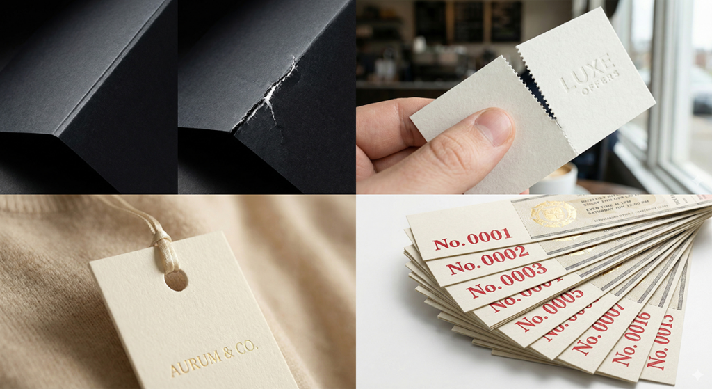 오시 없이 그냥 접으면 두꺼운 종이는 터집니다, 티켓이나 쿠폰을 쉽게 뜯어낼 수 있도록 미싱(Perforating) 선 후가공, 구멍을 뚫는 타공(Punching) 후가공, 고유 번호를 찍어 관리하는 넘버링(Numbering) 인쇄 후가공