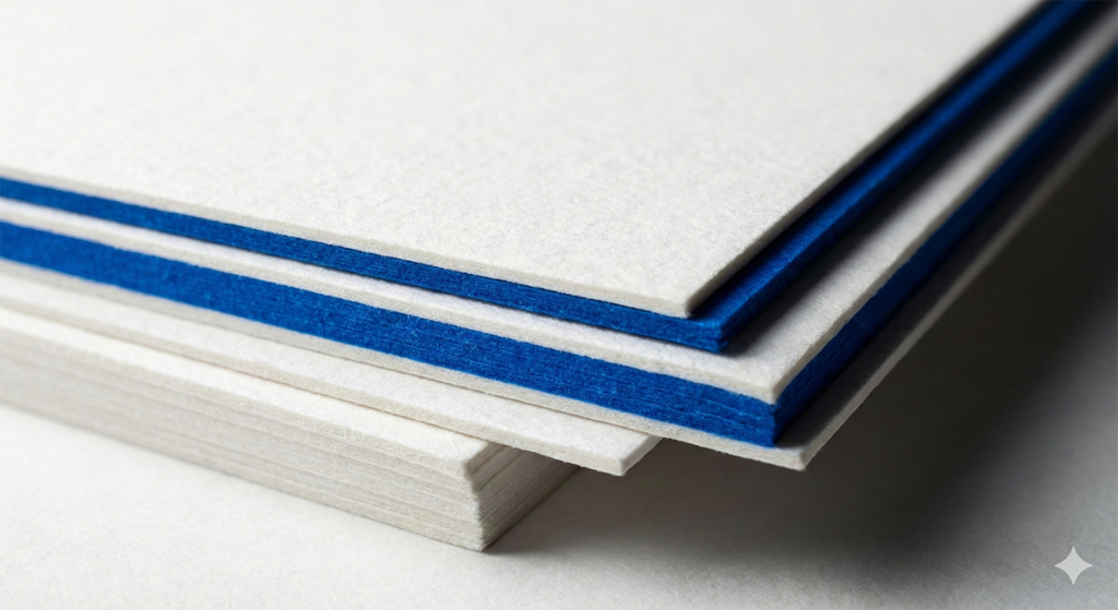 서로 다른 색상과 두께의 종이를 여러 겹 접착하여 두께감과 포인트를 주는 합지(Mounting) 명함 단면