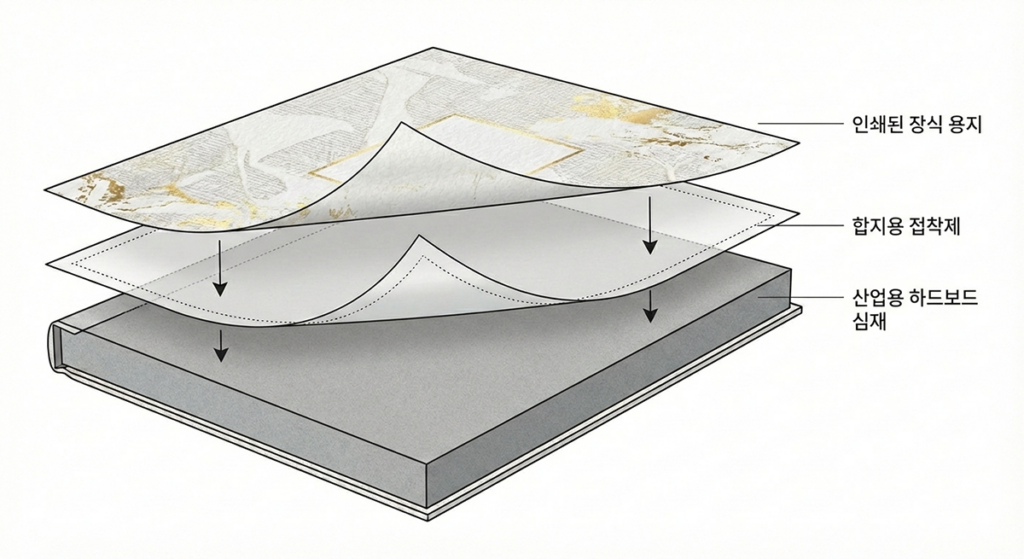 얇은 인쇄 장식 용지를 하드보드 심재에 접착제(풀)로 붙이는 하드커버 양장 표지 합지 공정 구조도