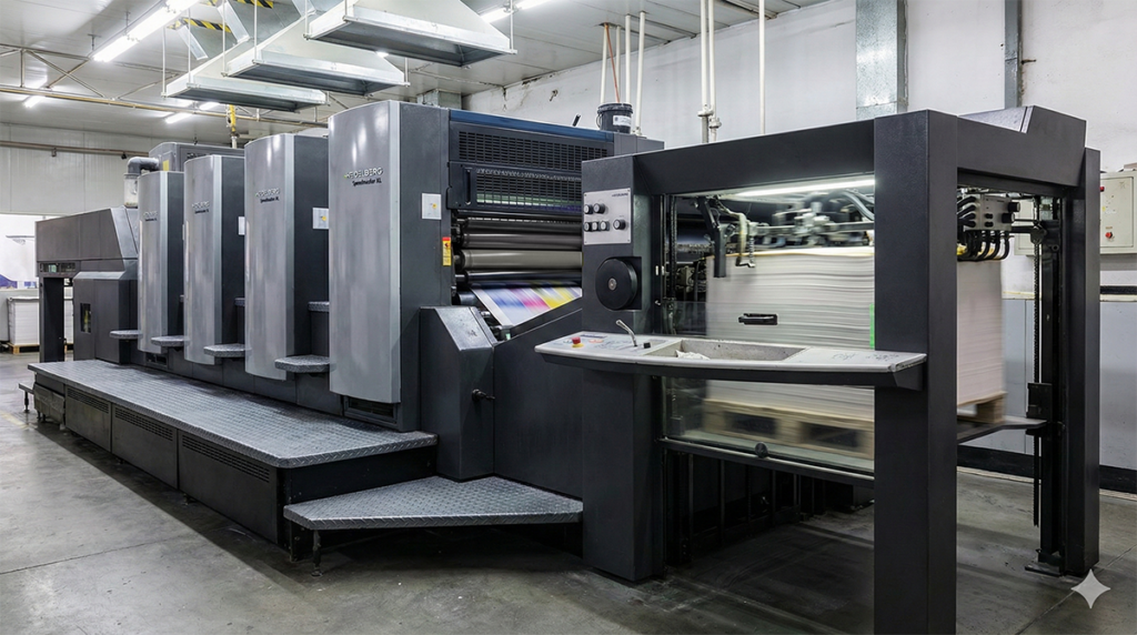 잡지, 카탈로그 등 상업용 대량 인쇄에 주로 사용되는 4도 풀컬러 옵셋 인쇄기(Offset Press) 설비 모습