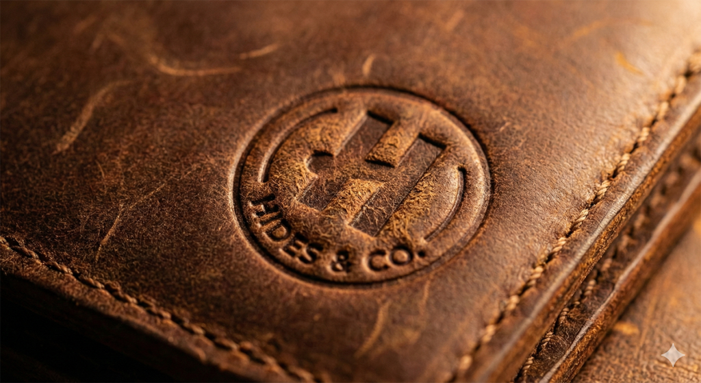 고급 가죽 제품 브랜드 로고에 적용된 깊이감 있는 디보싱(Debossing) 각인 효과