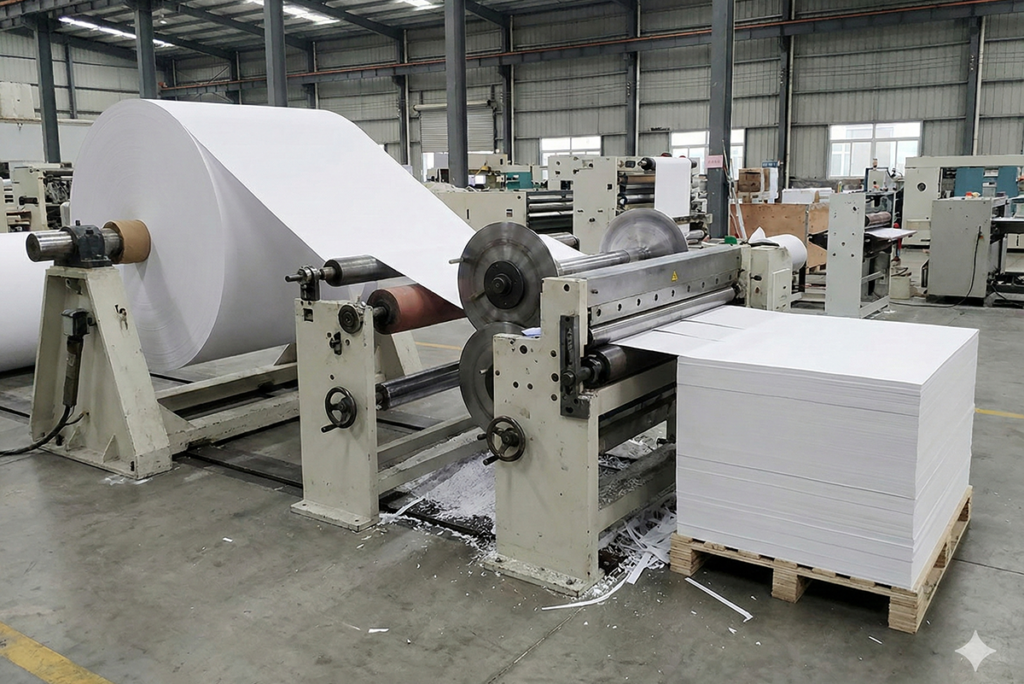 제지소에서 거대한 롤 원지를 A열 국전지나 B열 46전지 같은 평판 전지 규격으로 재단하는 공정