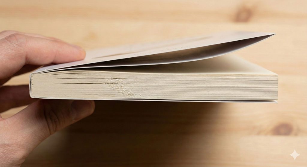 일반 단행본 소설책에 주로 쓰이는 무선제본(떡제본)의 핫멜트 접착 방식과 책등(세네카) 두께 확인