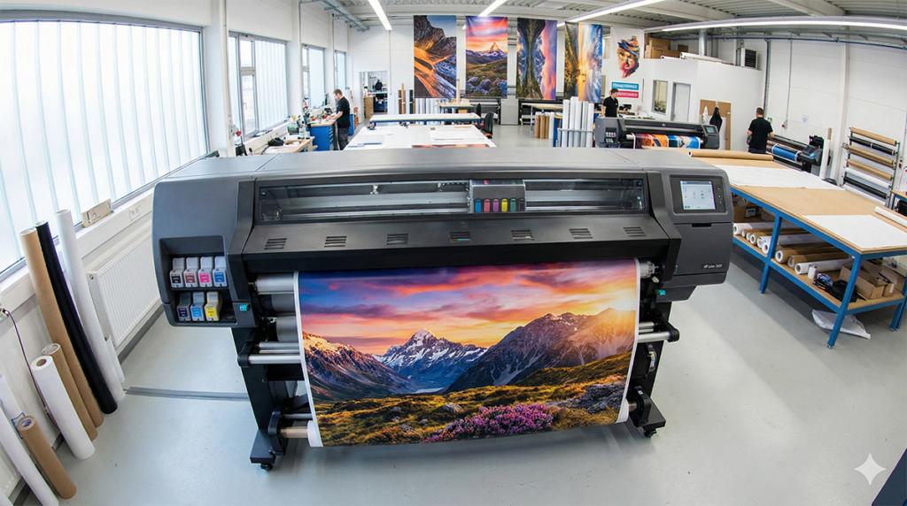 대형 현수막, 옥외 배너, 윈도우 그래픽 시트지 등을 고해상도로 출력하는 대형 실사 프린터(Wide Format Printer)