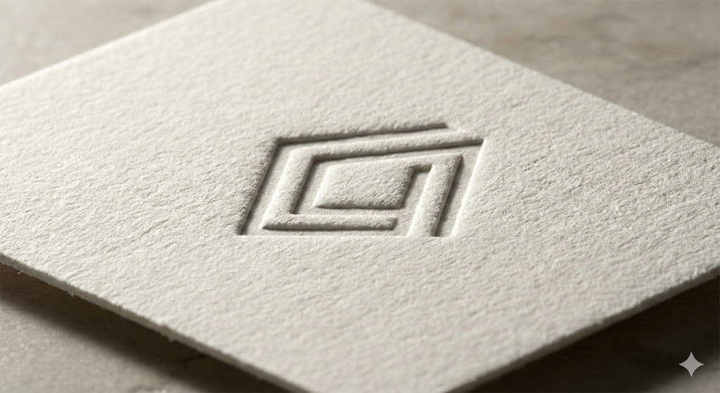 종이를 위로 오목하게 들어가게 만드는 디보싱(Debossing) 형압 후가공 입체감 확인