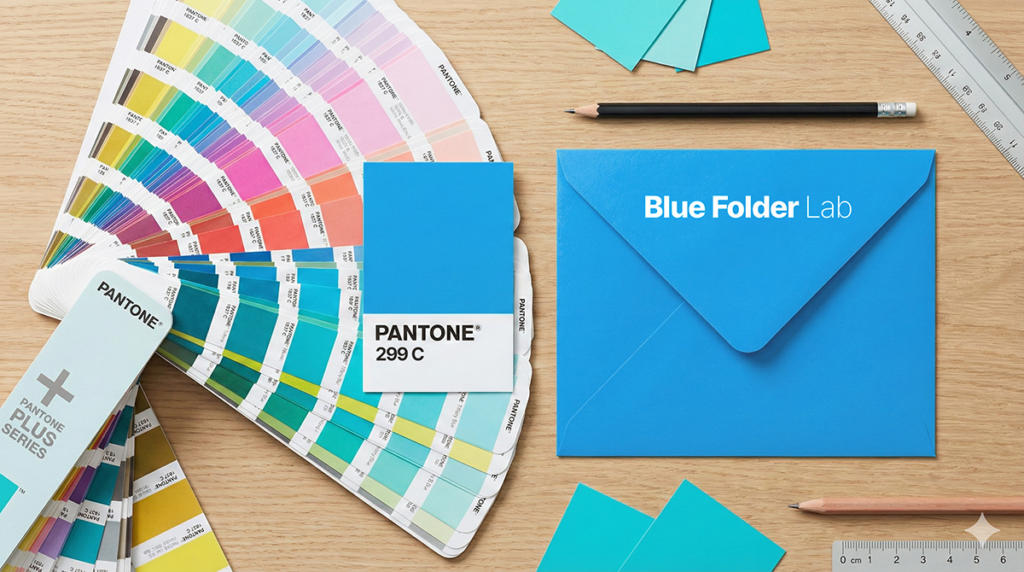 브랜드 고유의 정확한 색상 구현을 위해 조색된 팬톤(Pantone) 별색 컬러칩 스와치와 봉투 디자인 예시
