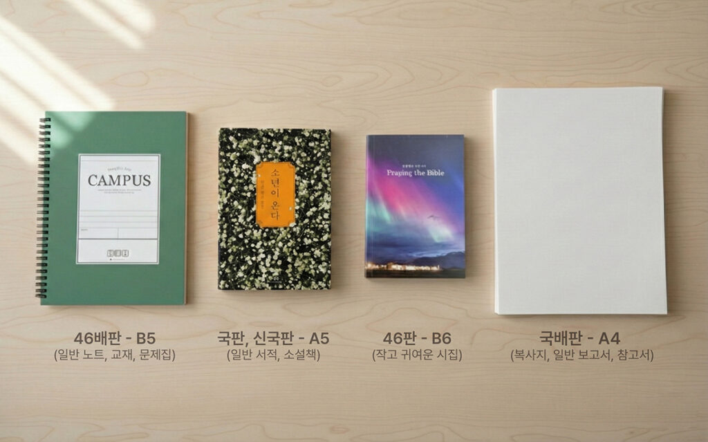 노트, 소설책, 두꺼운 전공서적 등 다양한 용도와 판형(규격)으로 제작된 실제 책 사이즈 비교