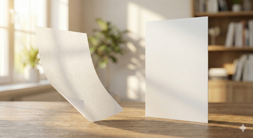 종이 평량(g)에 따른 얇은 전단지 두께와 두꺼운 명함 종이 두께 시각적 비교