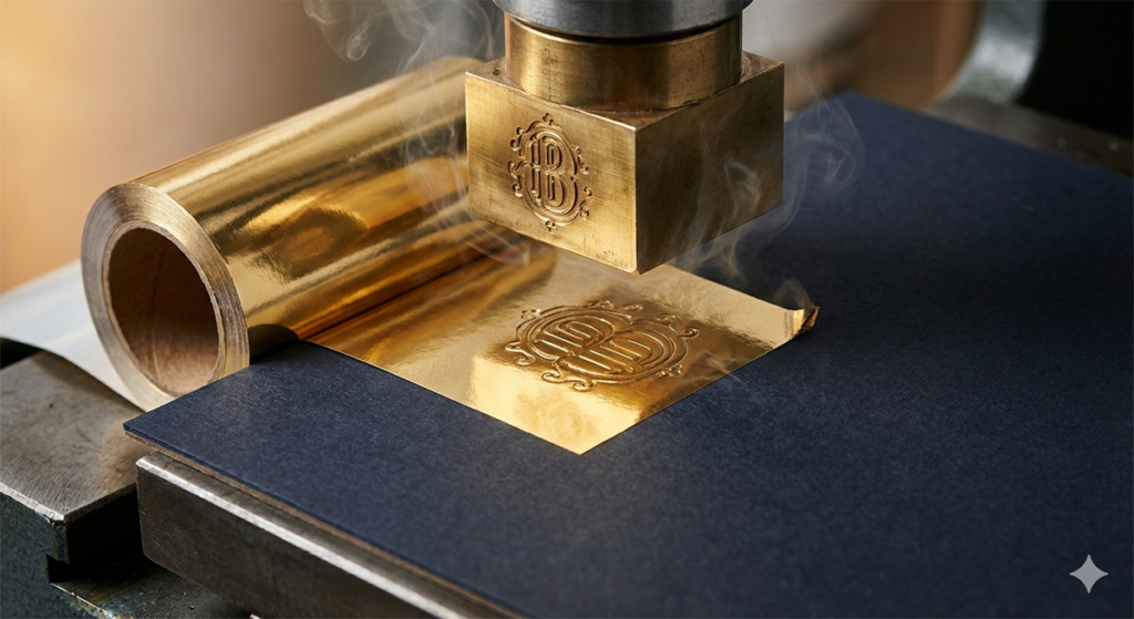 뜨거운 열과 압력을 이용해 금속 필름을 종이에 찍어내는 금박(Foil Stamping) 후가공 작업 기계