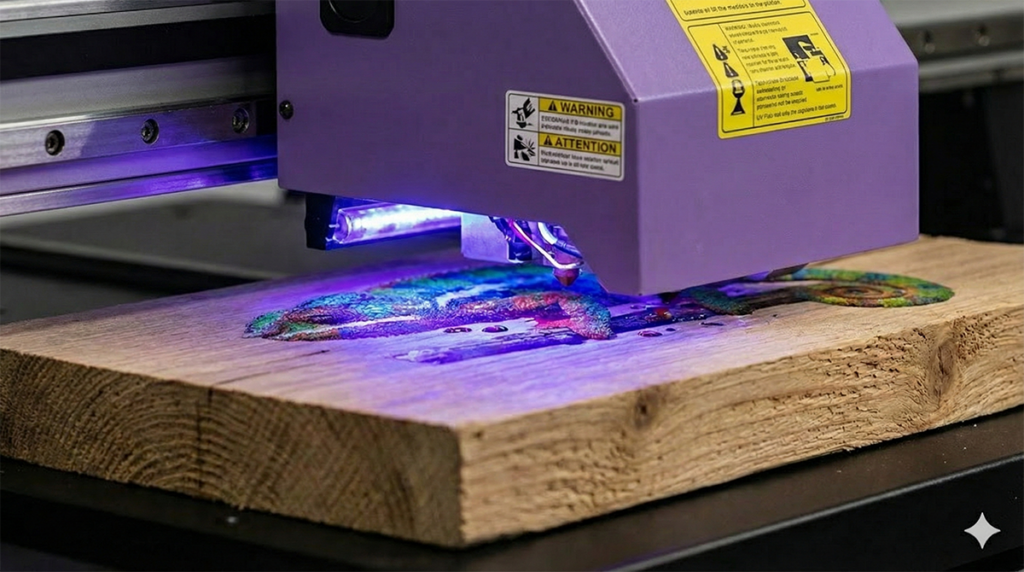 자외선(UV) 빛으로 잉크를 즉시 굳혀 두꺼운 나무, 아크릴 등 평평한 특수 소재에 직접 인쇄하는 평판 UV 프린터