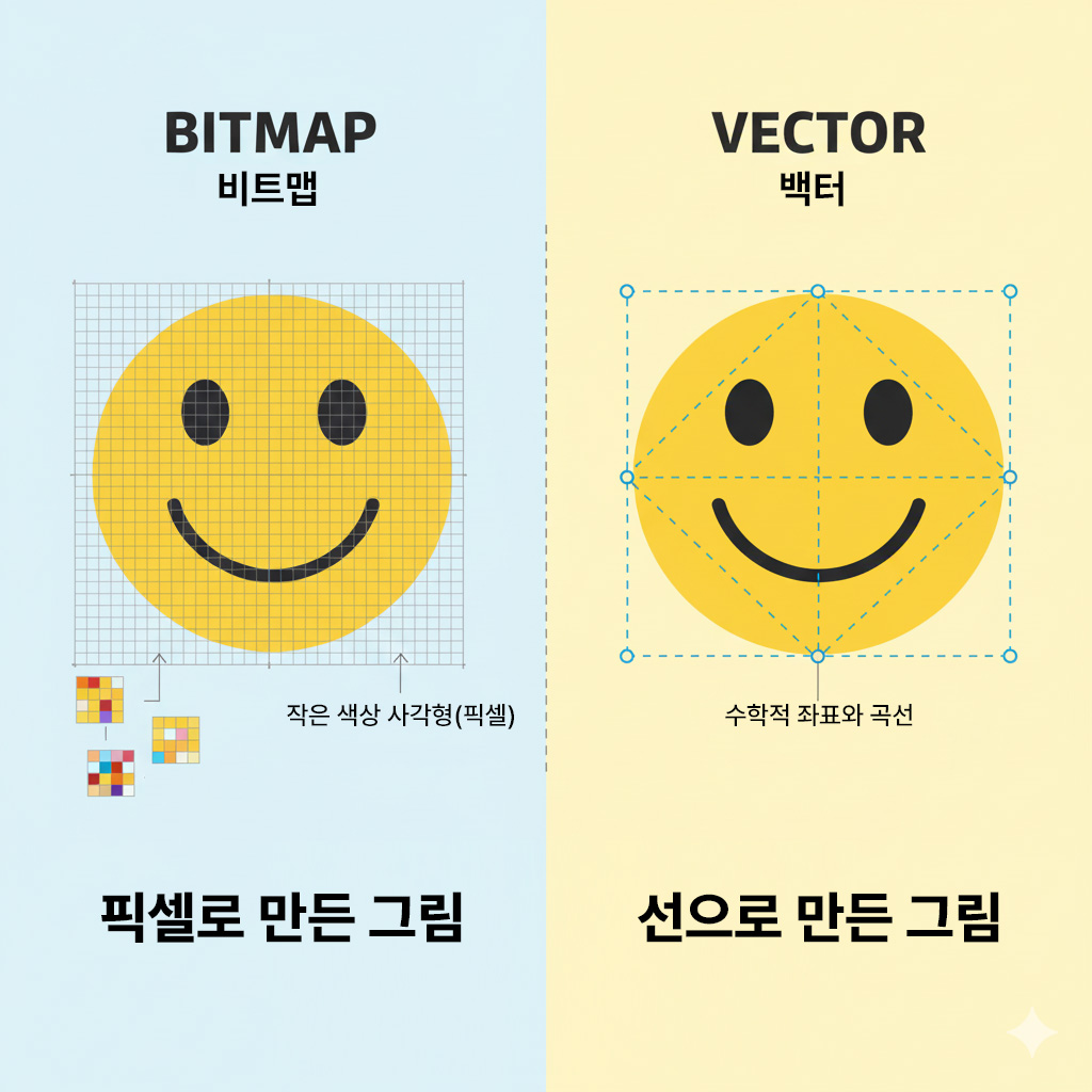 작은 색상 픽셀 사각형으로 이루어진 비트맵 스마일과 점, 선, 면으로 구성된 벡터 스마일 해상도 비교