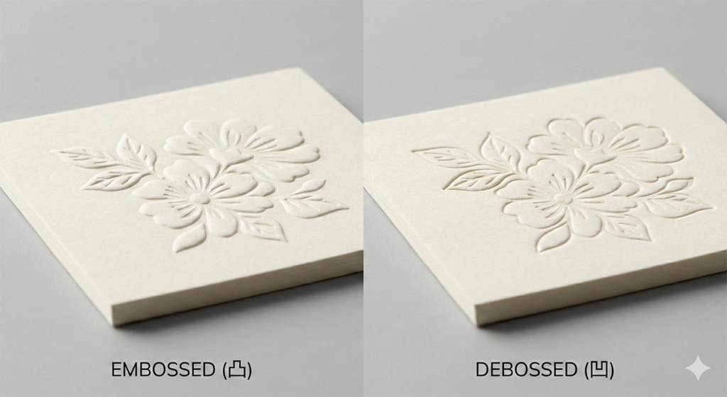 종이를 볼록하게 누르는 엠보싱(Embossing)과 오목하게 들어가는 디보싱(Debossing) 형압 방식의 시각적 차이