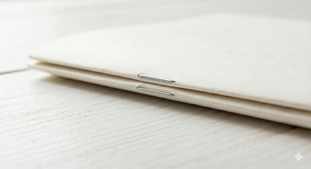 카탈로그 및 얇은 책자에 쓰이는 중철제본 스테이플러 철심 고정 방식과 180도 펼침 예시