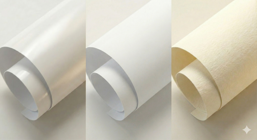 인쇄소 필수 종이 아트지, 스노우지, 모조지의 표면 광택 및 질감 차이 비교