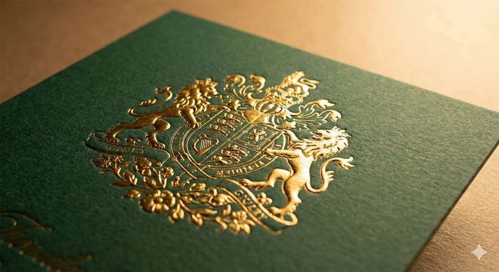 금박의 화려함과 형압의 입체감을 동시에 적용하여 고급스러움을 극대화한 로고 후가공