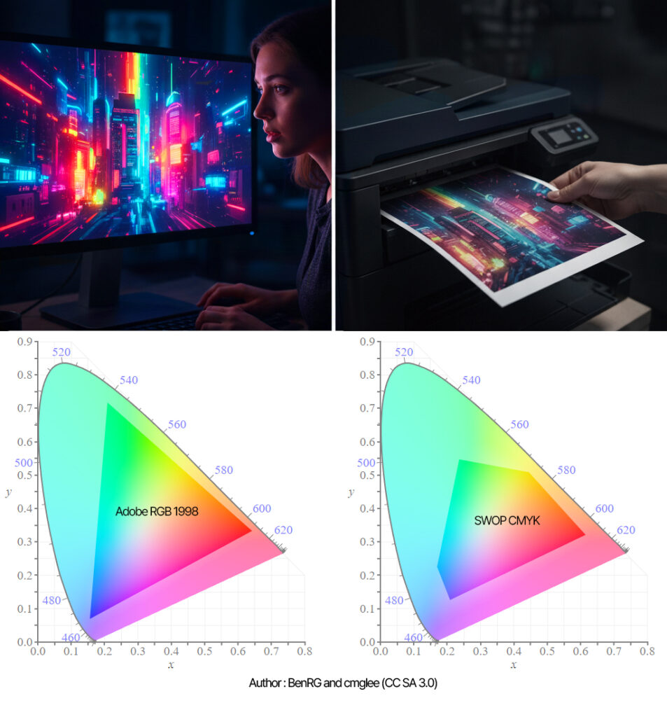형광빛이 도는 화려한 네온 RGB 디지털 이미지를 CMYK 잉크 프린터로 출력했을 때 발생하는 색상 탁해짐 현상

넓은 색상 영역을 가진 Adobe RGB 1998 모델과 상대적으로 표현 범위가 좁은 SWOP CMYK 색상 영역(Gamut) 비교 그래프