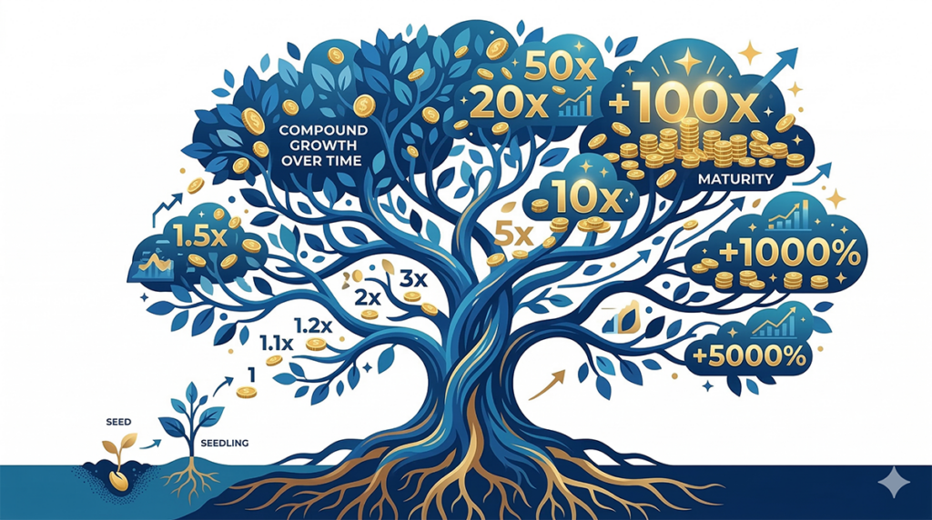 하나의 씨앗이 자라서 거대한 나무가 되었다. 나뭇가지 주변에는 작은 동전과 금색 숫자가 떠다니며, 이는 시간이 지남에 따른 복리 성장을 상징합니다.