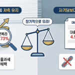 행정공제회 저축 유지(연복리 4.73%, 저율과세 혜택)와 자기담보대여 활용(대출 금리 4.98%, 중도 해지 페널티 없음)을 저울로 비교하여, 장기적으로 대여 제도를 활용하는 것이 유리함을 설명하는 일러스트