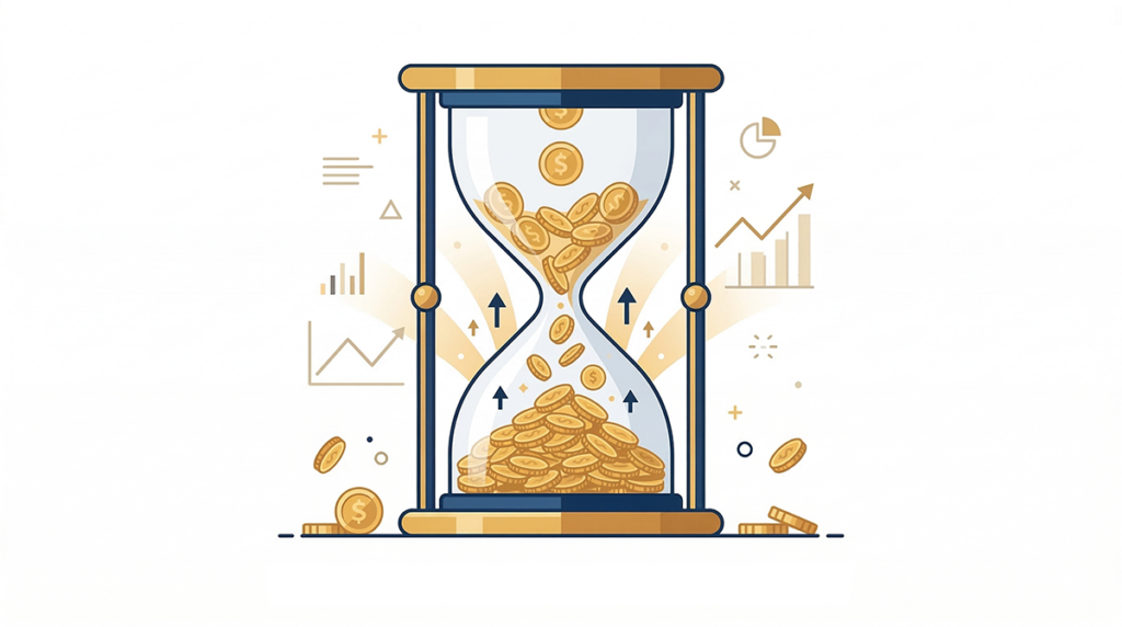 모래시계 안에 금화가 떨어지고 있다.
아래쪽으로 갈수록 더 많은 동전으로 변하는 모습.