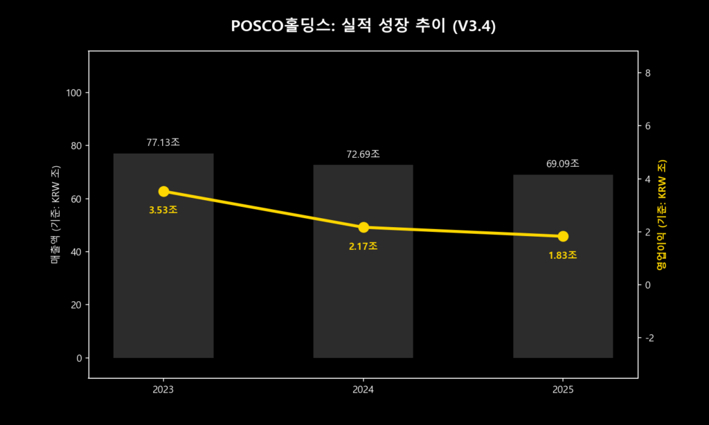 포스코홀딩스 주가 분석을 위한 23, 24, 25 실적 성장 추이 및 영업이익 차트